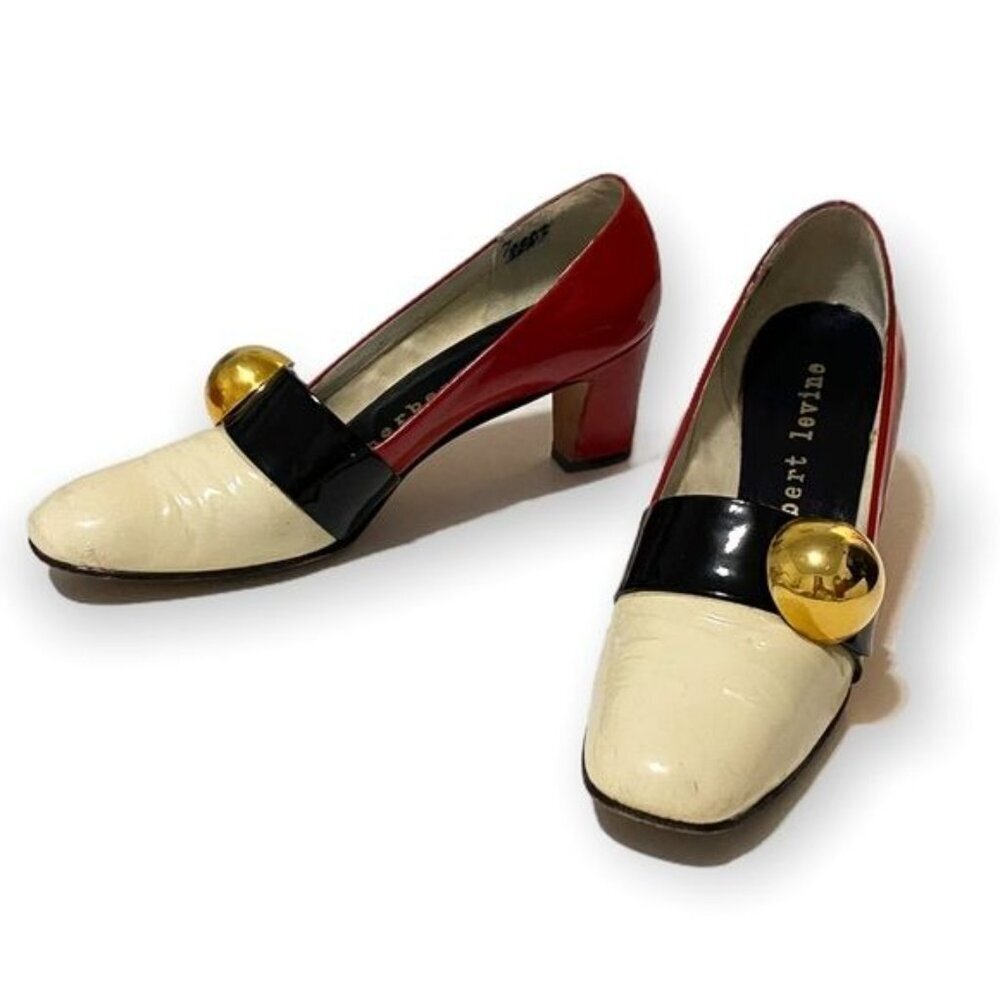 Vintage 1960s Herbert Levine Mod Patent Color Block Pumps Gold Orb Original Box - Picture 3 of 16